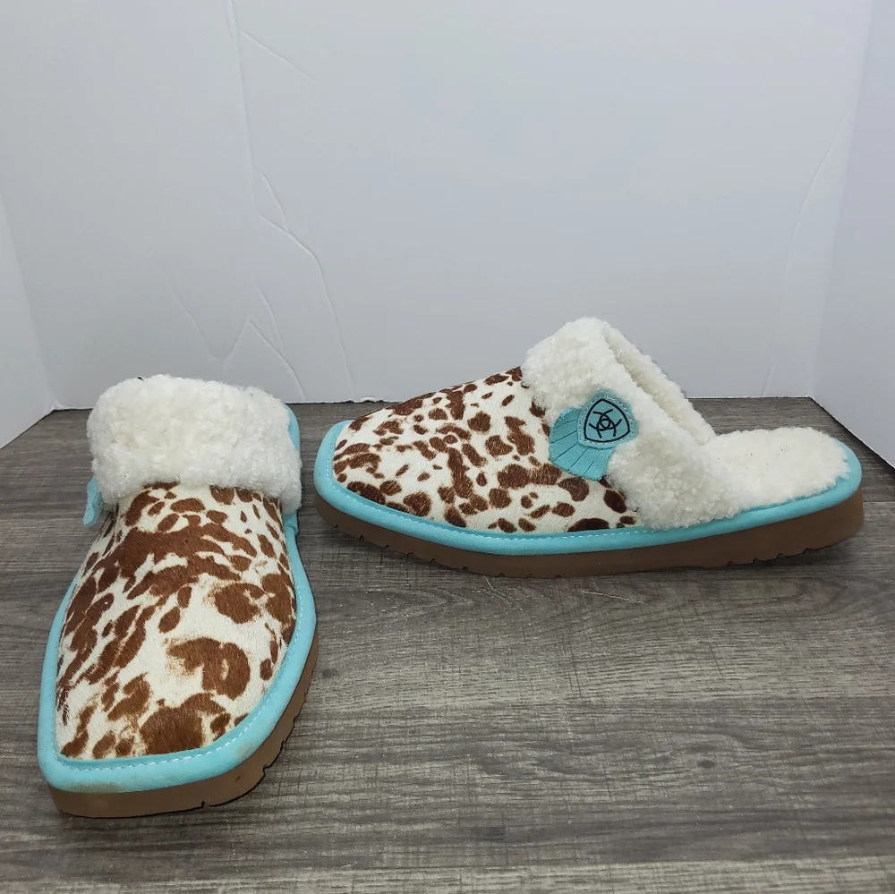 Ariat Women's Jackie Slipper Square Toe Turquoise Cow Print Sz 9